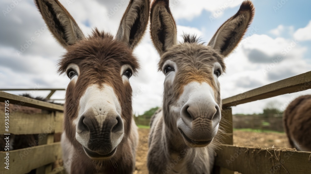 Closeup shot of two donkeys on a farm