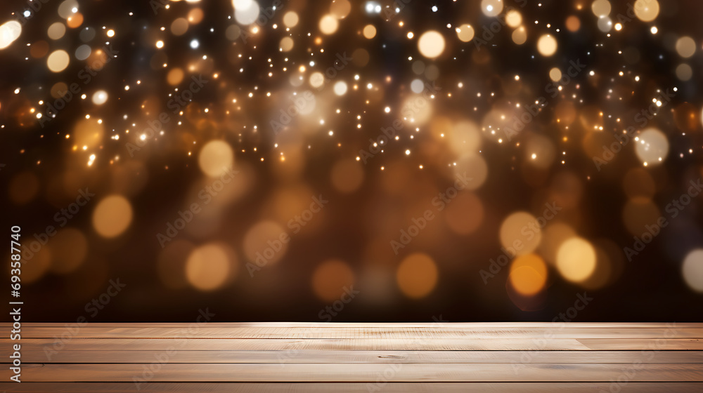 Selective Empty wooden table in front of abstract blurred festive light background with light spots and bokeh for product montage display of product. Generative Ai Selective Empty wooden table in front of abstract blurred festive light background with light spots and bokeh for product montage display of product. Generative Ai