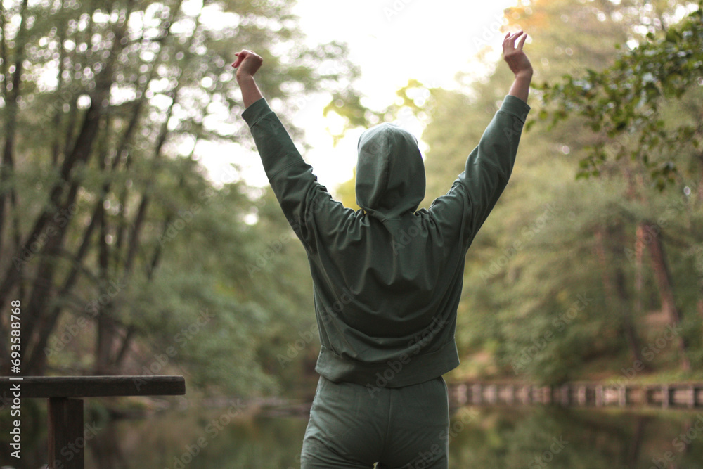 girl enjoys nature near the river, mindfulness girl enjoys nature near the river, mindfulness