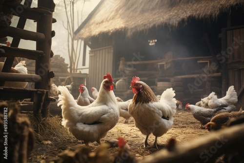 Rustic farm scene with chickens for agriculture and livestock industry use