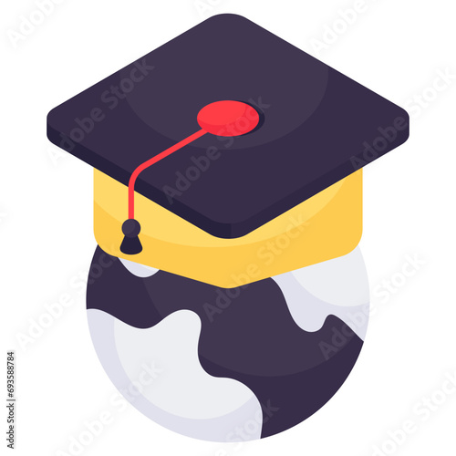 Globe with mortarboard, isometric design of global learning 