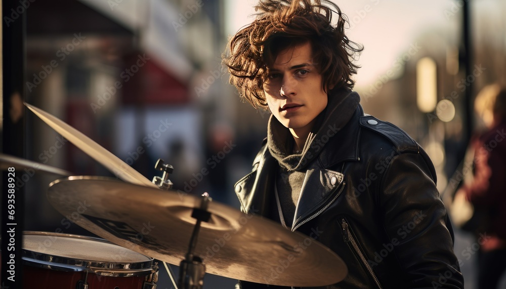 Young male drummer playing outdoors with intense expression