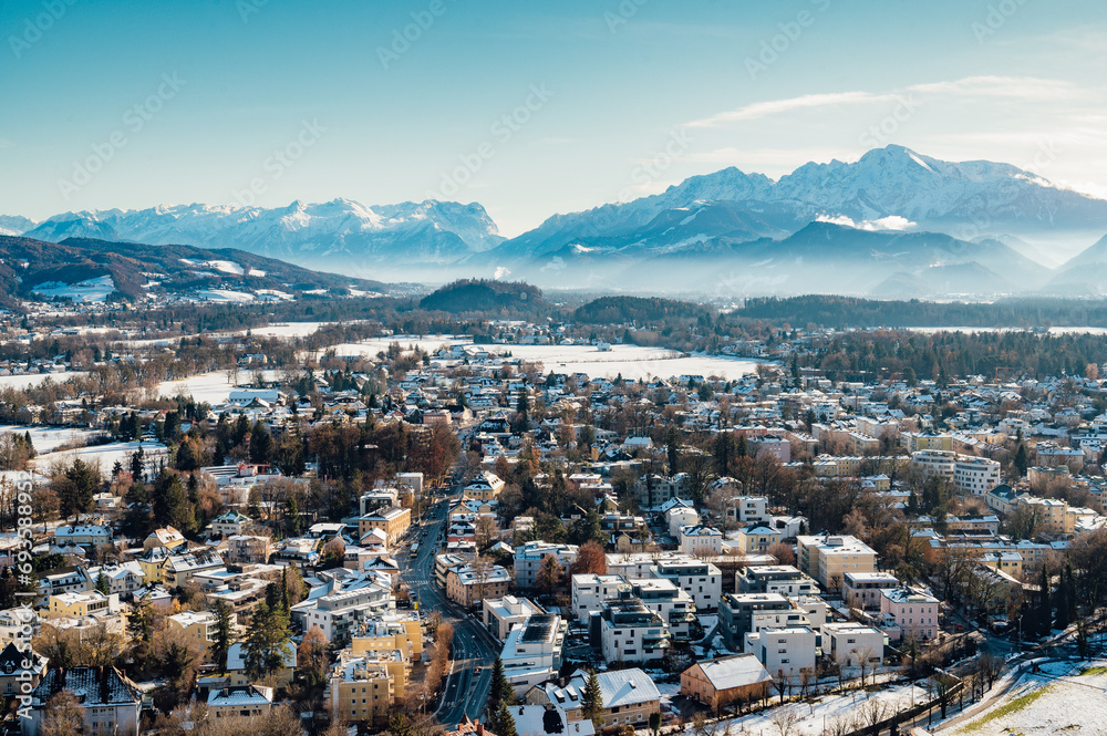 Beautiful view of the historic city of Salzburg and mountain landscape in , Salzburger Land, Austria
