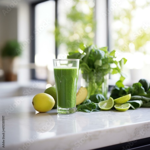 Fresh Green Smoothie in Glass on Kitchen Counter