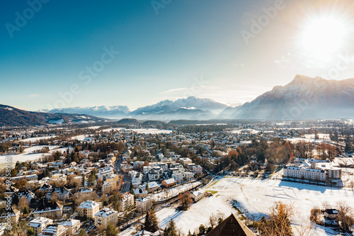 Panoramic view of the historic city of Salzburg from famous Hohensalzburg Fortress in winter in , Salzburger Land, Austria
 photo