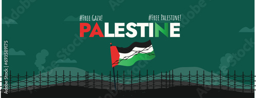 Free Palestine Flag on Palestine city with war barbed wire. Stop killing people awareness post. Save Palestine. Gaza War. Shirt Design or cover banner. Awareness post. Save Palestinian Flag