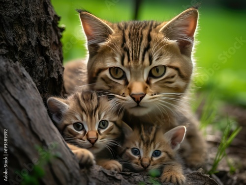 Mother cat with her kittens outdoors in nature © Made360