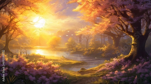 As the day fades, the sun's golden rays dance through the branches, creating a magical springtime scene.