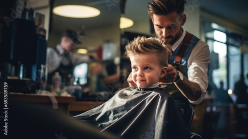 Cute little boy at the barber shop getting his haircut  photo