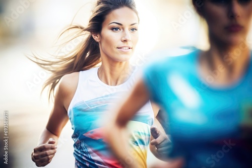 jeune femme sportive en plein effort lors d'une course à pied, effet de vitesse, flou de bouger photo