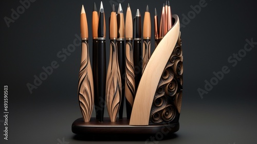 An elegant pen holder showcasing an array of stylish pens, each a tool for expression. photo