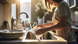Hygienic Dish Cleaning: A Woman Washing Dishes in the Kitchen