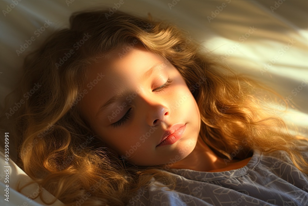 Naklejka premium Young girl sleeping in bed and shined by the morning sun. Generative Ai
