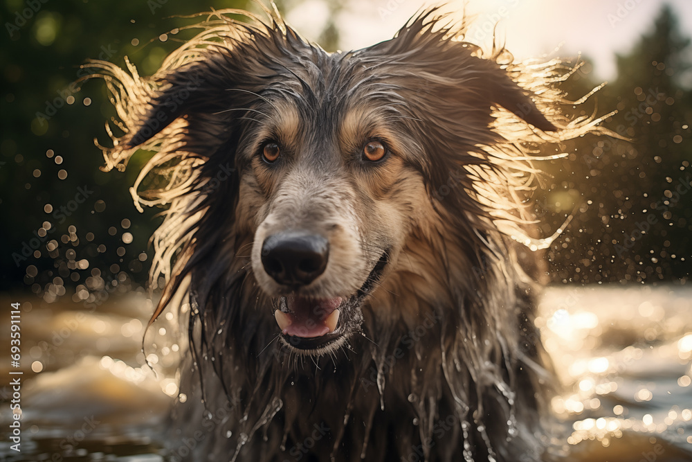 Fototapeta premium Un chien colley mouillé jouant dans l'eau