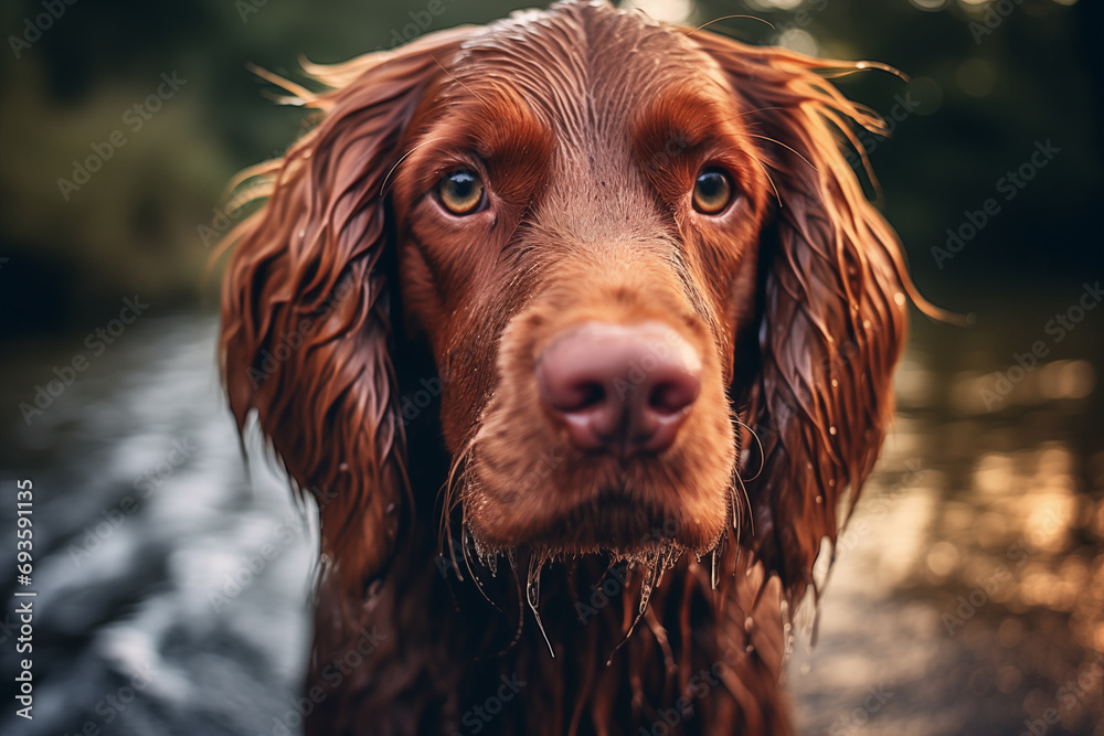 Un chien setter irlandais mouillé jouant dans l'eau Un chien setter irlandais mouillé jouant dans l'eau