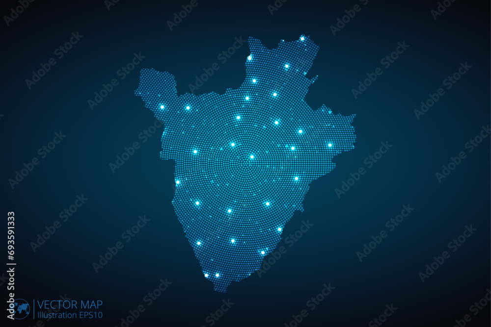 Burundi map radial dotted pattern in futuristic style, design blue circle glowing outline made of stars. concept of communication on dark blue background. Vector illustration EPS10