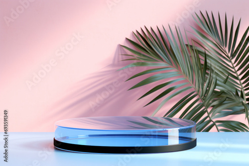 Transparent acrylic cylindric platform with tropical palm leaf on minimal pink background. Product advertisement concept
