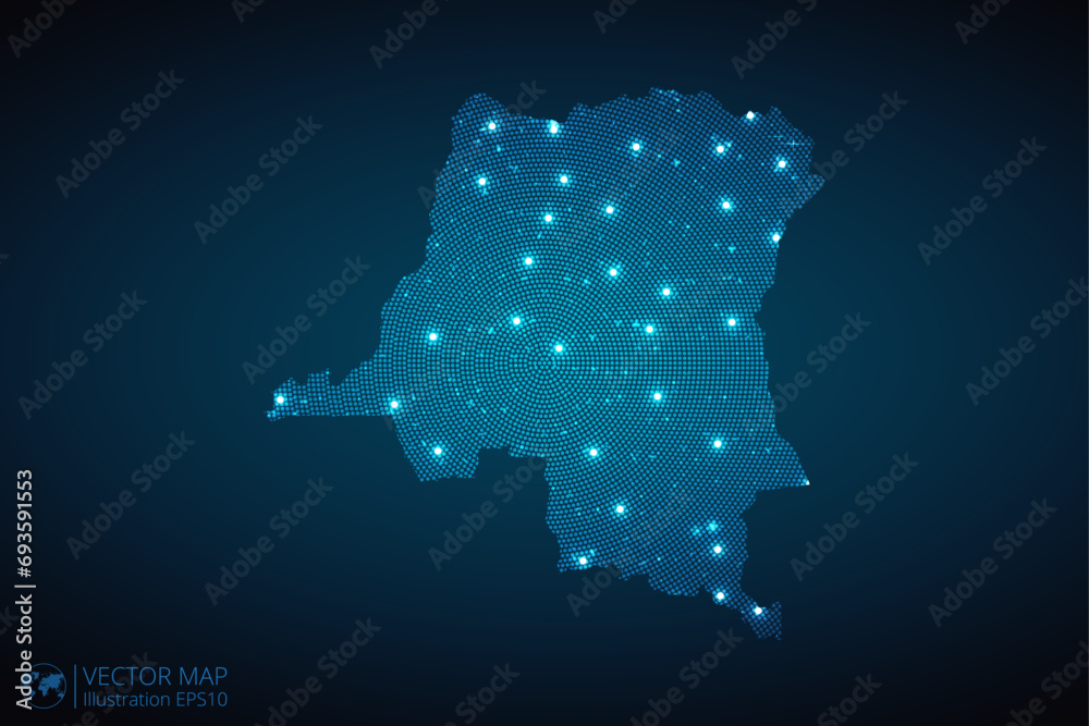 Democratic Republic of the Congo map radial dotted pattern in futuristic style, design blue circle glowing outline made of stars. concept of communication on dark blue background. Vector illustration