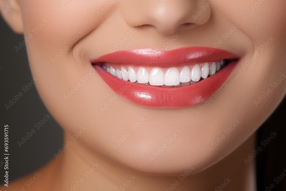 Obraz premium Illustration of a beautiful smile of a woman with healthy white teeth, tooth care concept. Generative AI
