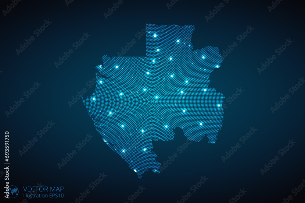 Gabon map radial dotted pattern in futuristic style, design blue circle glowing outline made of stars. concept of communication on dark blue background. Vector illustration EPS10