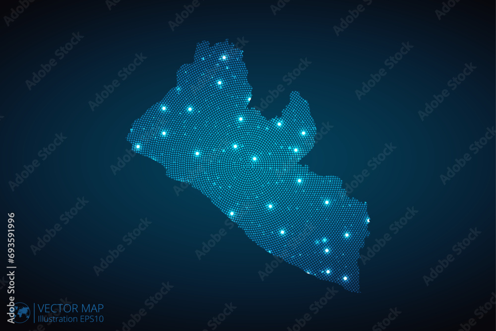 Liberia map radial dotted pattern in futuristic style, design blue circle glowing outline made of stars. concept of communication on dark blue background. Vector illustration EPS10