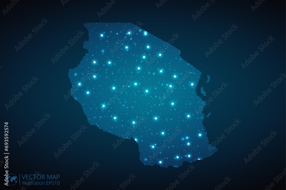 Tanzania map radial dotted pattern in futuristic style, design blue circle glowing outline made of stars. concept of communication on dark blue background. Vector illustration EPS10