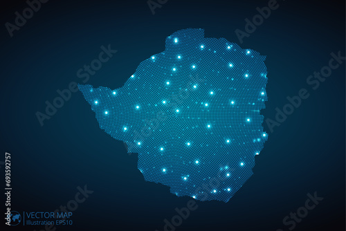 Zimbabwe map radial dotted pattern in futuristic style, design blue circle glowing outline made of stars. concept of communication on dark blue background. Vector illustration EPS10