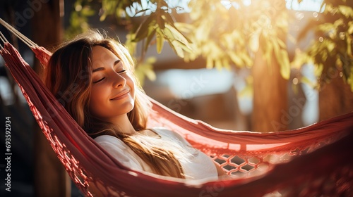 A young lady is having a good time on a sunny day while relaxing in her hammock photo