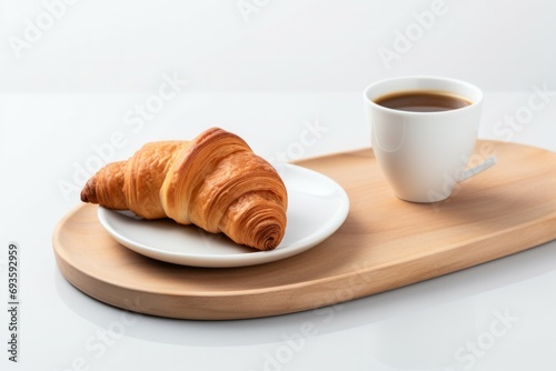 coffee cup with croissant isolated on white background. Studio light. Food and drink photo. Good morning concept.