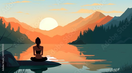 Woman meditating in front of mountain lake at sunset illustration AI Generated