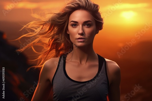 Woman running outdoors, sunset in the background, healthy lifestyle concept. Generative AI