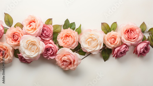 Enchantment as a radiant line of multicolored roses dances gracefully against a pure white backdrop