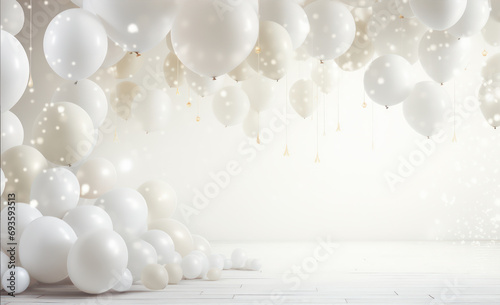 Event stage decorated with party balloons. Create your own celebration card with this light scene. Area to add your personalized text.. Bouquet of white balloons
