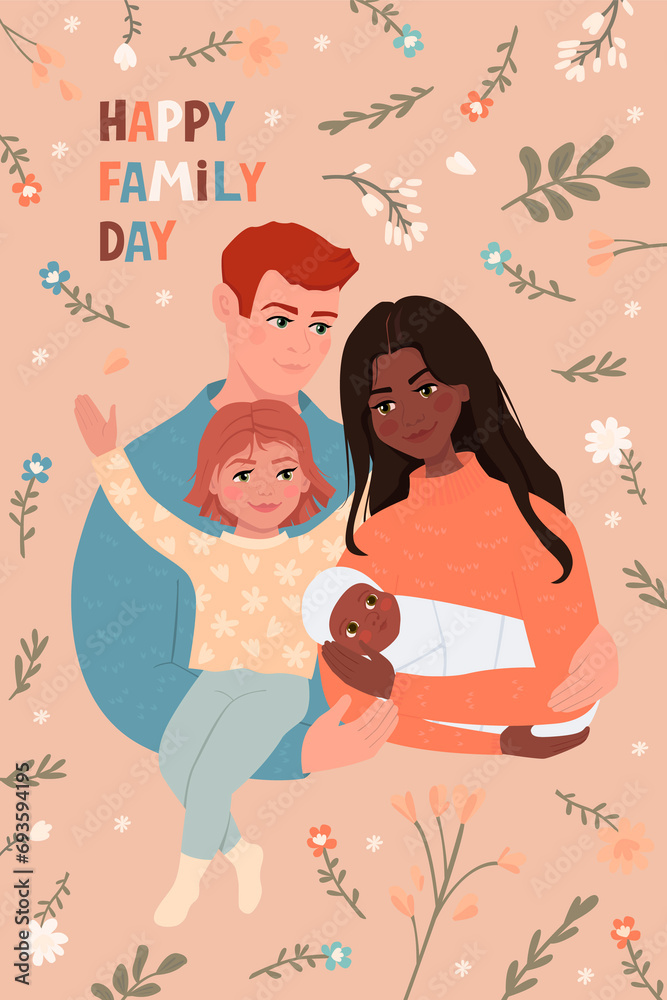 Happy family day card. Family with 2 children hugging. Support for interracial families. Flat vector illustration.