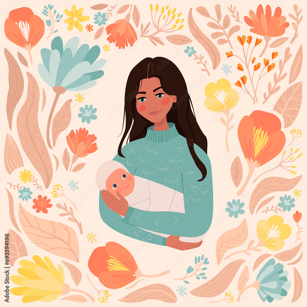 Single mom holds a newborn baby in her arms. Warm modern illustration with flowers. motherhood support.