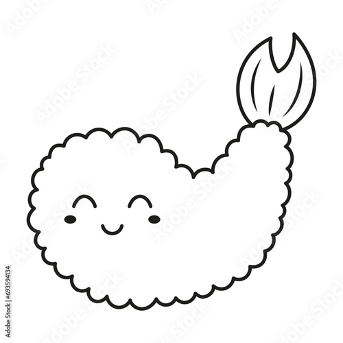 cute funny tempura shrimp character, outline cartoon vector illustration isolated on white background