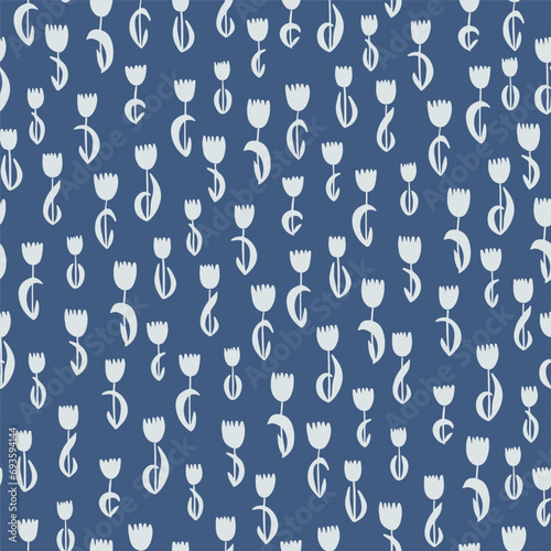 White floral silhouette pattern on a blue background, hand drawn small tulips, flat, all-over composition.