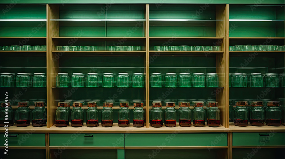 a row of lidded jars filled with blood lined up in a wooden shelf a row of lidded jars filled with blood lined up in a wooden shelf