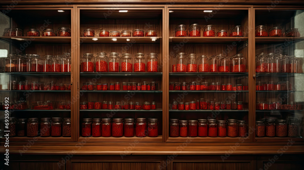 a row of lidded jars filled with blood lined up in a wooden shelf
