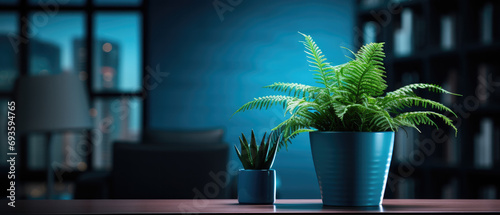 Green Solace: Potted Fern Against Neon Cityscape