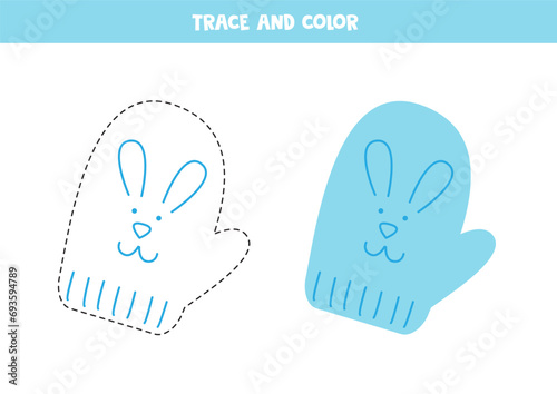 Trace and color cartoon blue mitten. Worksheet for children.