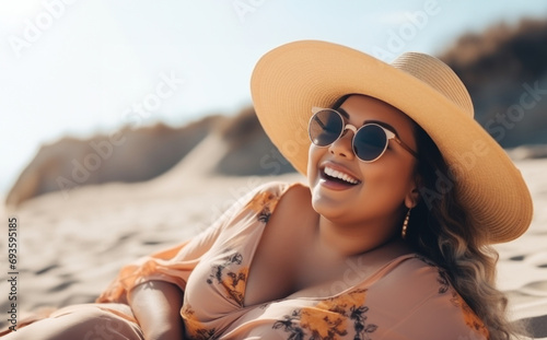 Chubby adorable smiling young woman in dress, straw hat, sun eyeglasses lying on sand sea beach. photo