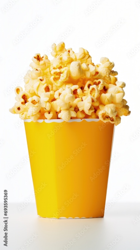 Illustration of a bucket with buttered popcorn, white background. Generative AI