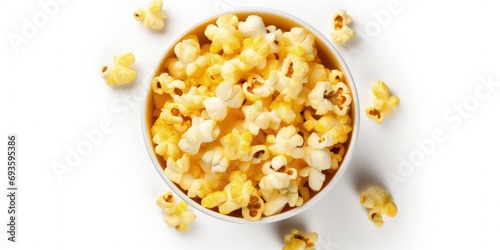 Illustration of a bucket with buttered popcorn, white background. Generative AI