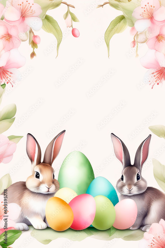 Easter holiday concept. Happy easter greeting card with bunny, colourful eggs and apple blossoms. Watercolor.