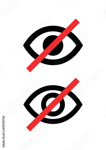 Crossed out eye icon. Hide icon, not visible, filter or censorship. Designation of material prohibited from display.