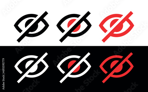 Set of crossed out eye icons. Hide icon, not visible, filter or censorship. Designation of material prohibited from display.