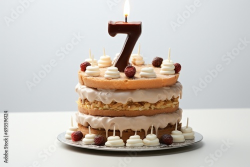 Birthday cake with decorative candle number 07, celebration concept. Generative AI