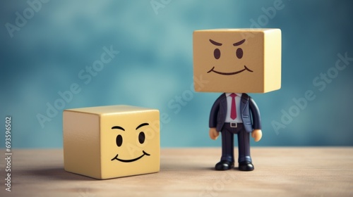 Businessman and wooden blocks with happy face, business concept. Generative AI © Deivison