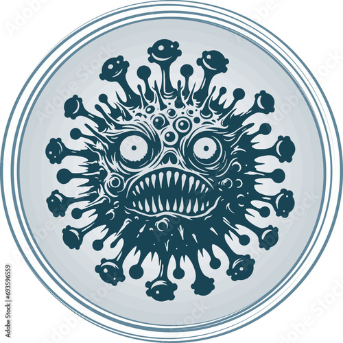 Sinister and crafty virus monster depicted in a monochrome vector abstraction